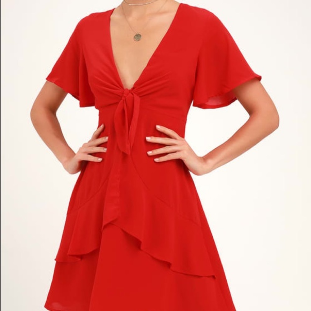 Jewell Red Tie-Front Ruffled Skater Dress